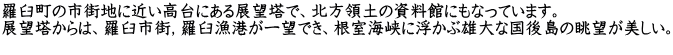 羅臼町の市街地に近い高台にある展望塔で、北方領土の資料館にもなっています。 展望塔からは、羅臼市街，羅臼漁港が一望でき、根室海峡に浮かぶ雄大な国後島の眺望が美しい。 