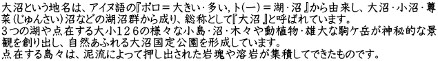 大沼という地名は、アイヌ語の『ポロ＝大きい・多い，ト(ー)＝湖・沼』から由来し、大沼・小沼・蓴 菜(じゅんさい)沼などの湖沼群から成り、総称として『大沼』と呼ばれています。 ３つの湖や点在する大小１２６の様々な小島・沼・木々や動植物・雄大な駒ケ岳が神秘的な景 観を創り出し、自然あふれる大沼国定公園を形成しています。 点在する島々は、泥流によって押し出された岩塊や溶岩が集積してできたものです。