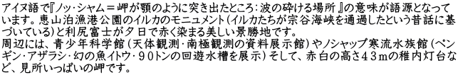 アイヌ語で『ノッ・シャム＝岬が顎のように突き出たところ：波の砕ける場所』の意味が語源となって います。恵山泊漁港公園のイルカのモニュメント（イルカたちが宗谷海峡を通過したという昔話に基 づいている）と利尻富士が夕日で赤く染まる美しい景勝地です。 周辺には、青少年科学館（天体観測・南極観測の資料展示館）やノシャップ寒流水族館（ペン ギン・アザラシ・幻の魚イトウ・９０トンの回遊水槽を展示）そして、赤白の高さ４３ｍの稚内灯台な ど、見所いっぱいの岬です。